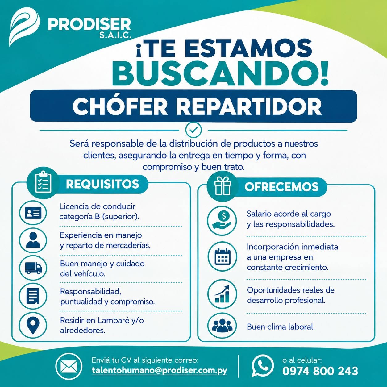 Oferta laboral: Chófer Repartidor — Prodiser