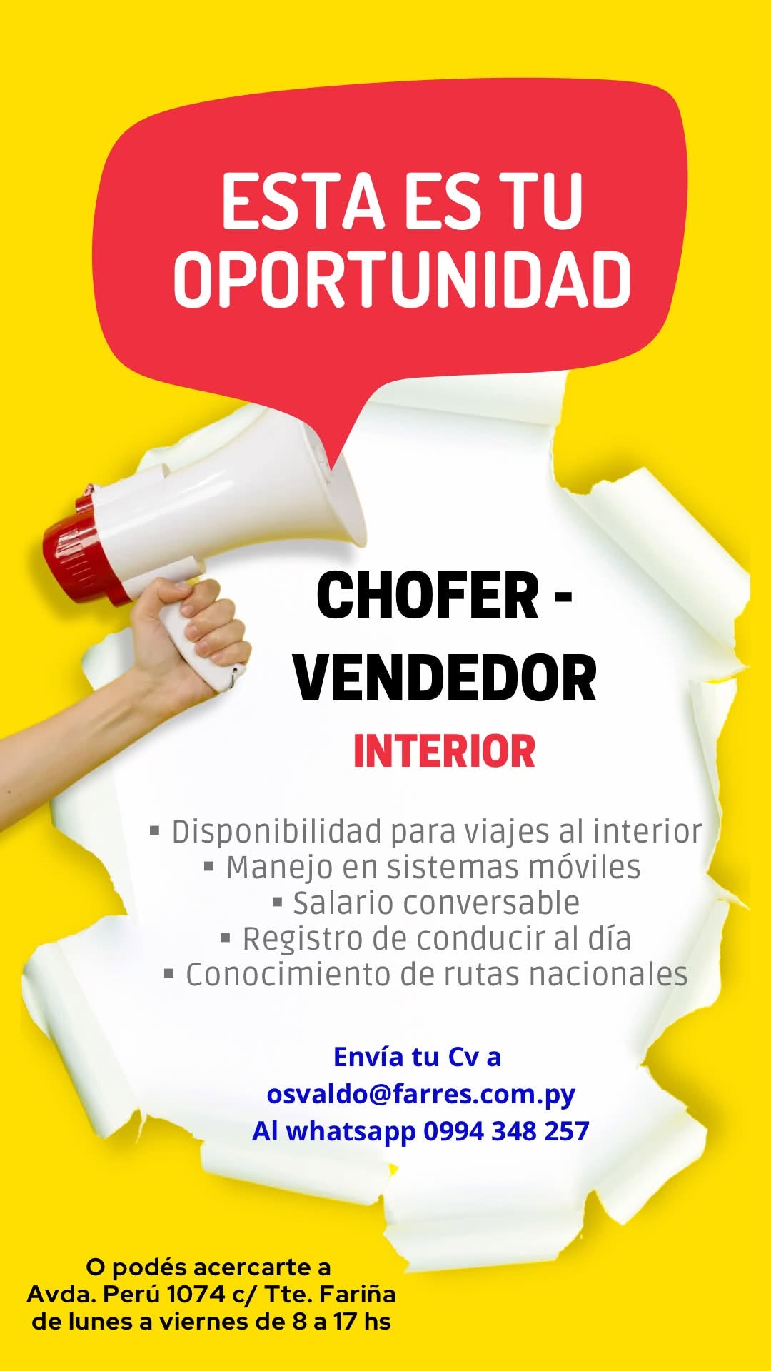 Oferta laboral: Chófer Vendedor — Farres