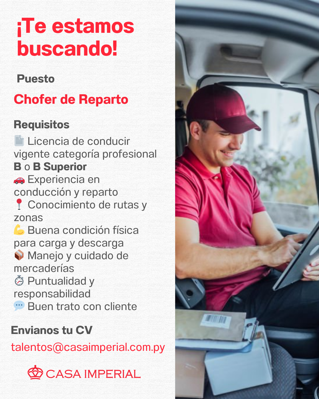 Oferta laboral: Chófer De Reparto — Casa Imperial