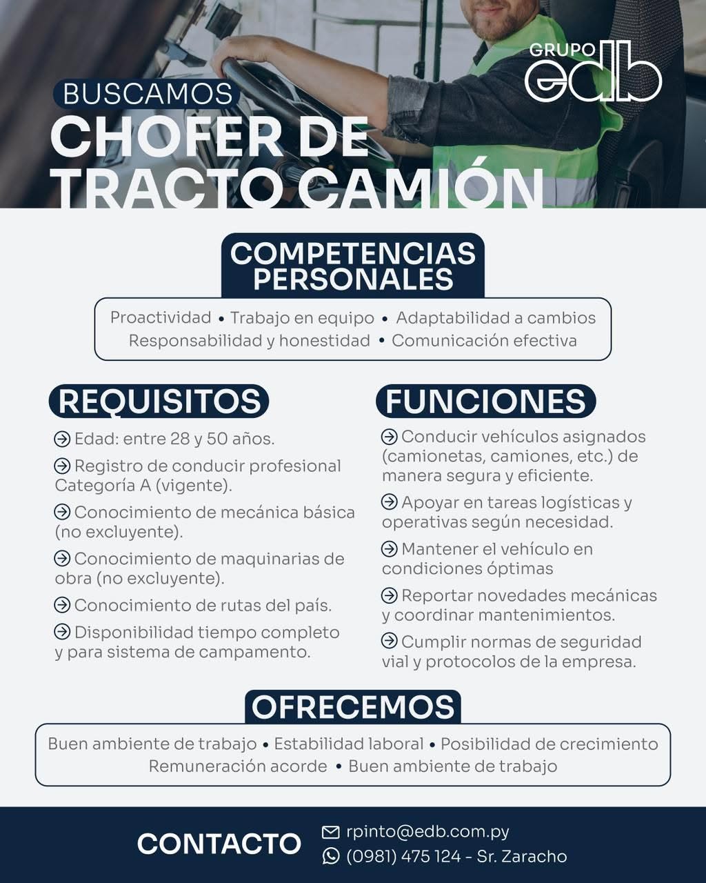 Oferta laboral: Chófer De Tracto Camión — EDB