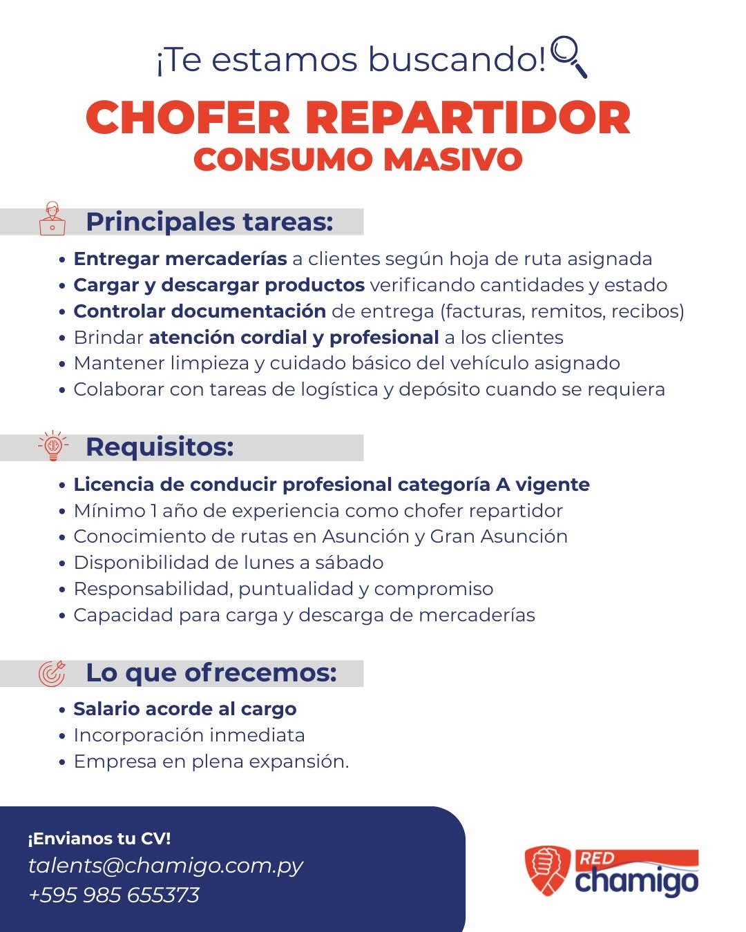 Oferta laboral: Chofer Repartidor — Chamigo