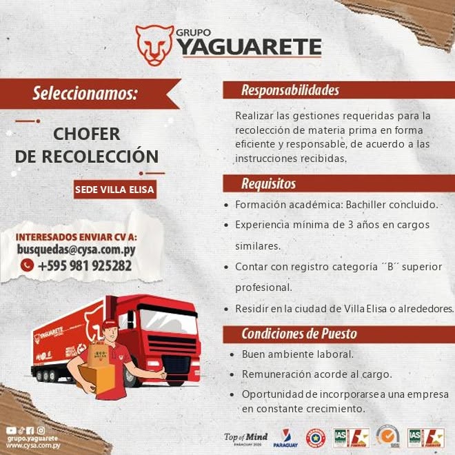Oferta laboral: Chofer De Recolección — Grupo Yaguarete