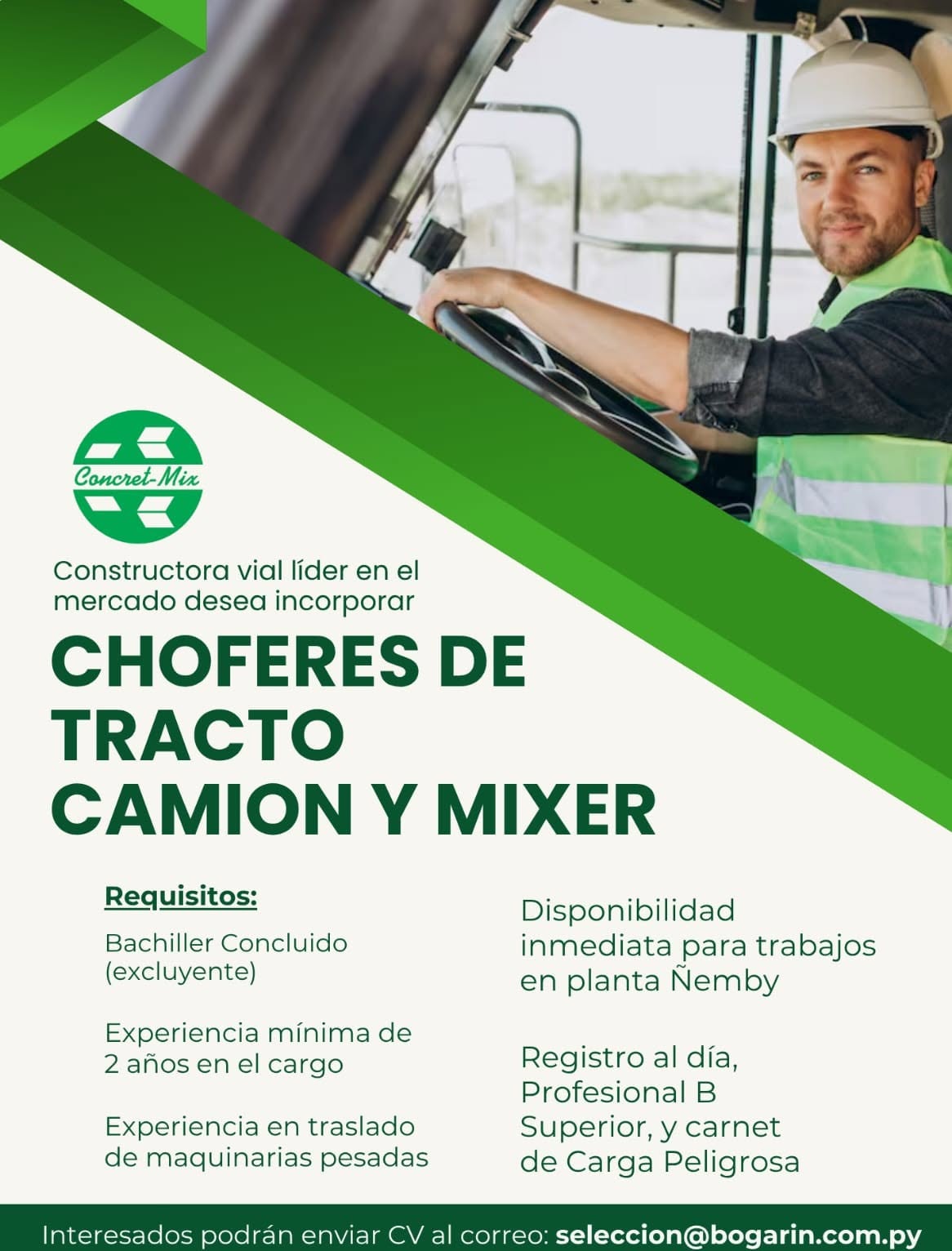 Oferta laboral: Choferes De Tracto Camion Y Mixer — Bogarin