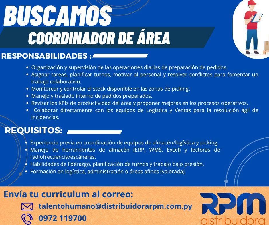 Oferta laboral: Coordinador De Área — RPM Distribuidora