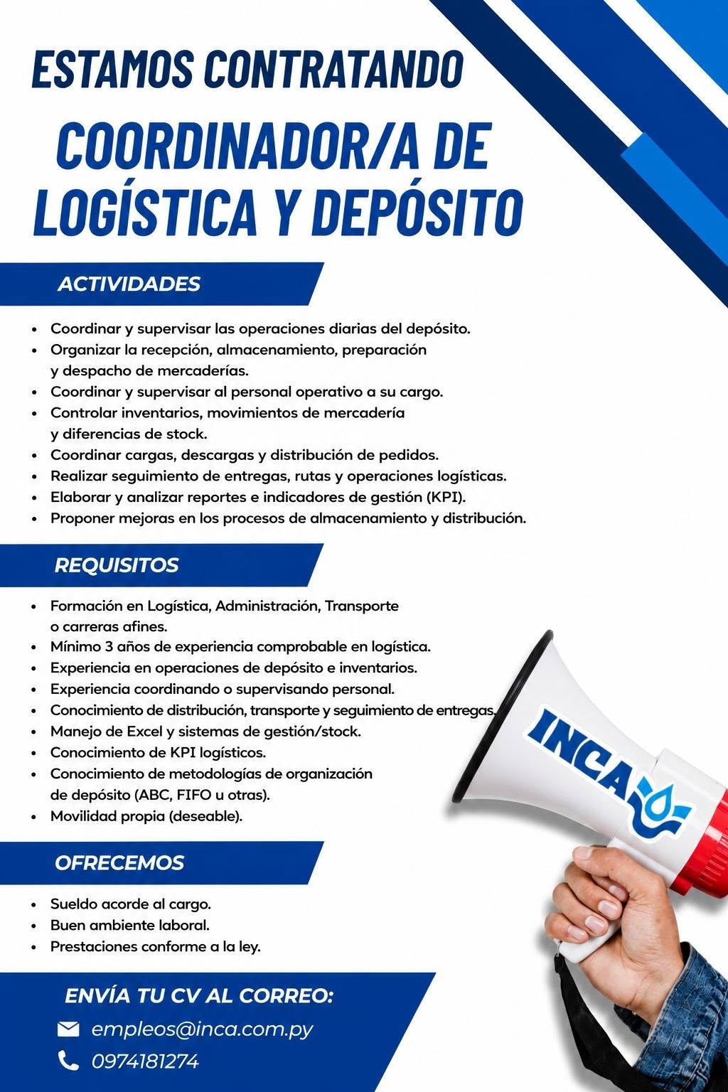 Oferta laboral: Coordinador De Logística Y Depósito — Inca