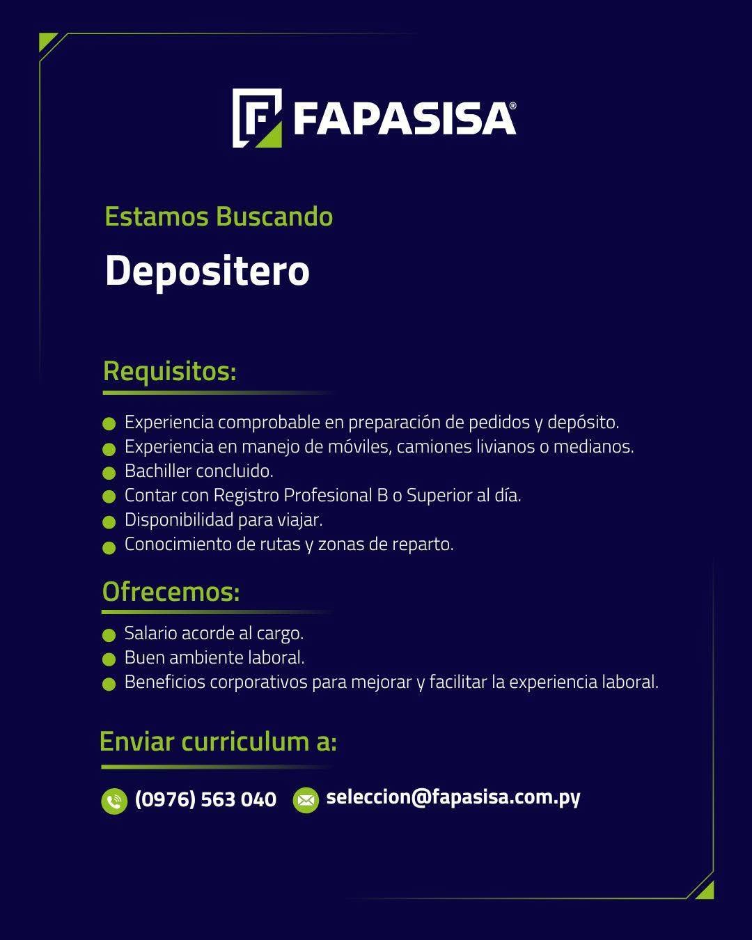 Oferta laboral: Depositero — Fapasisa