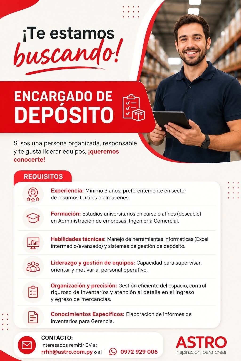 Oferta laboral: Encargado De Depósito — Astro