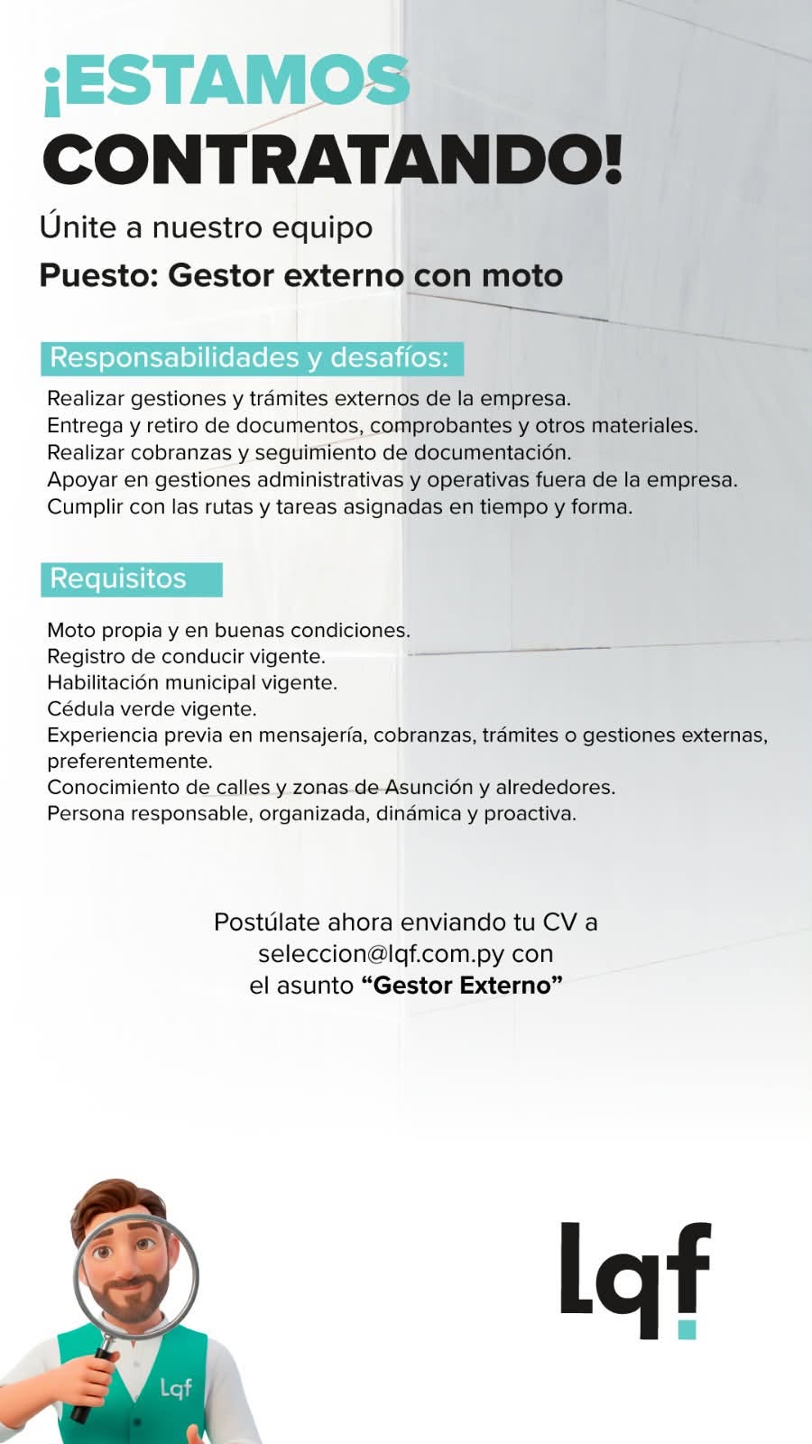 Oferta laboral: Gestor Externo Con Moto — LQF