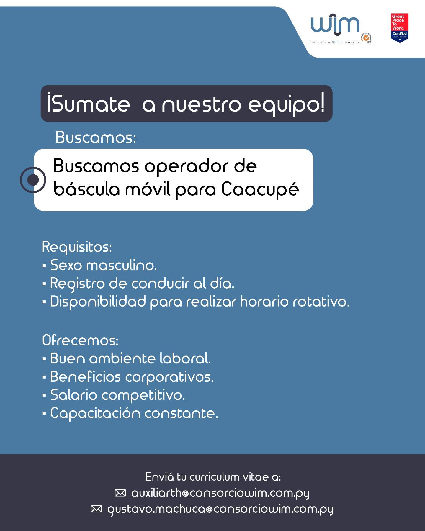 Oferta laboral: Operador De Báscula Móvil — Consorcio Wim