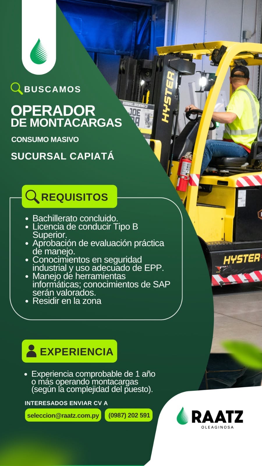 Oferta laboral: Operador De Montacargas — Raatz