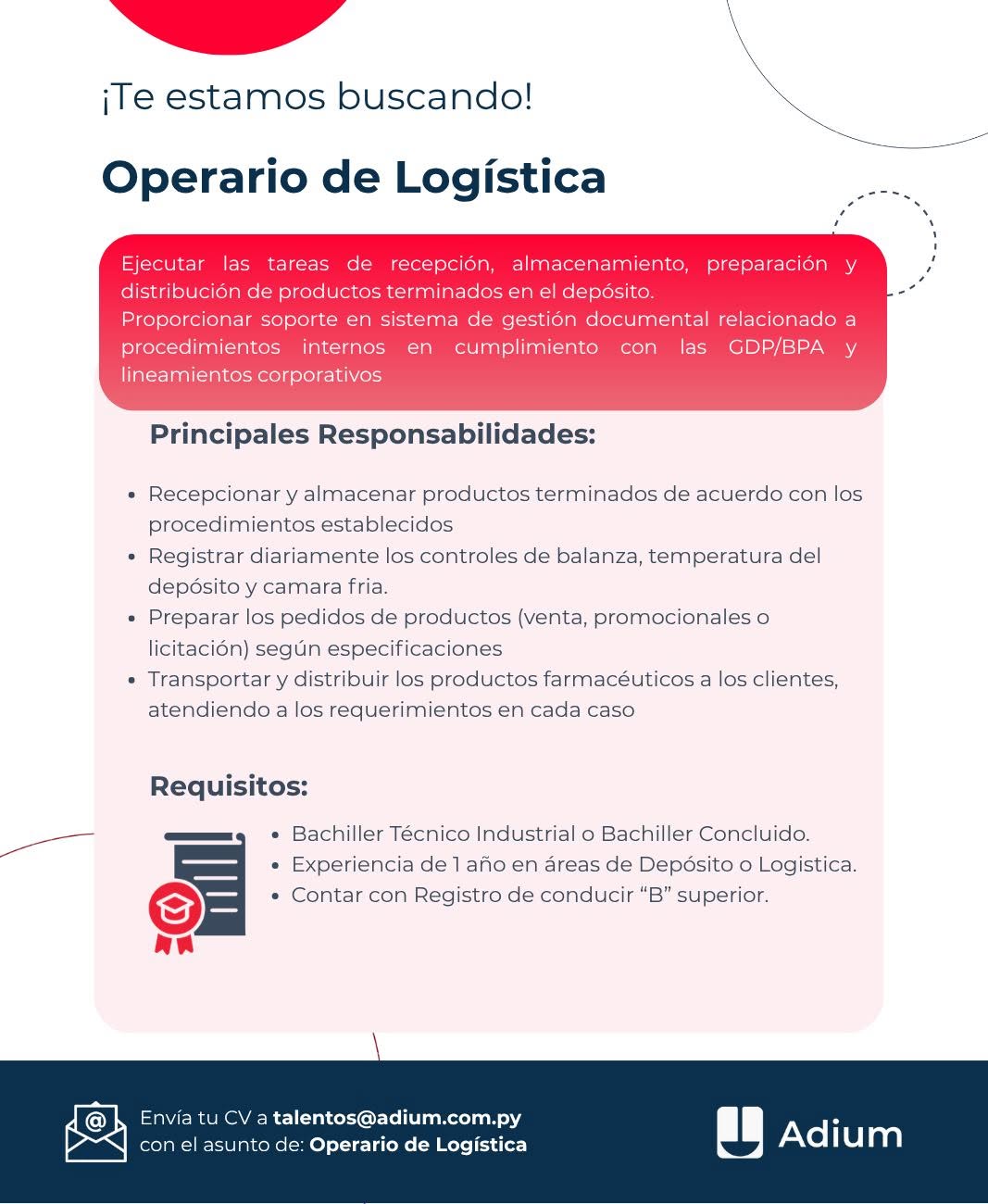 Oferta laboral: Operario De Logistica — Adium