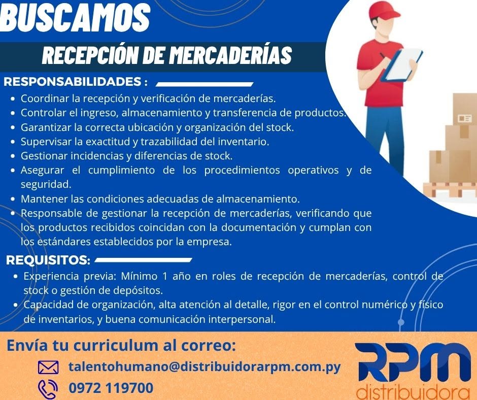 Oferta laboral: Recepción De Mercaderías — RPM Distribuidora