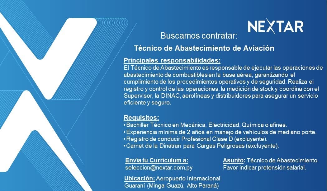 Oferta laboral: Técnico De Abastecimiento De Aviación — Nextar