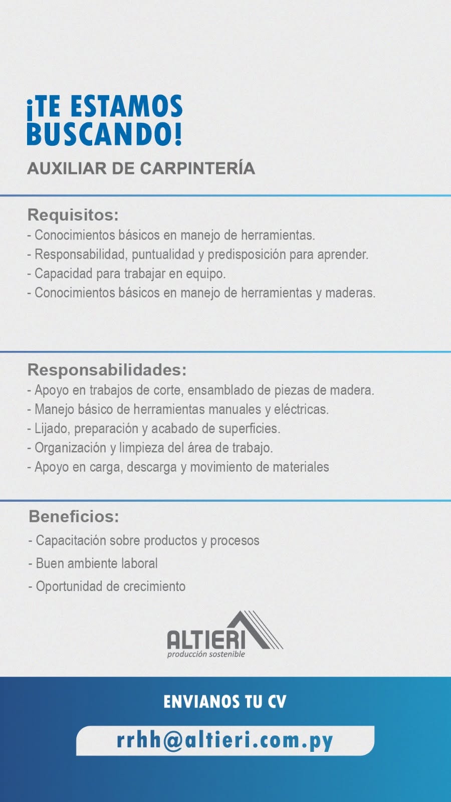 Oferta laboral: Auxiliar De Carpintería — Altieri