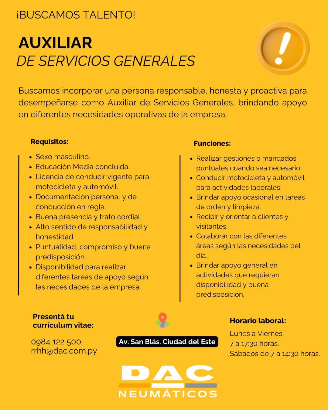 Oferta laboral: Auxiliar De Servicios Generales — DAC Neumáticos