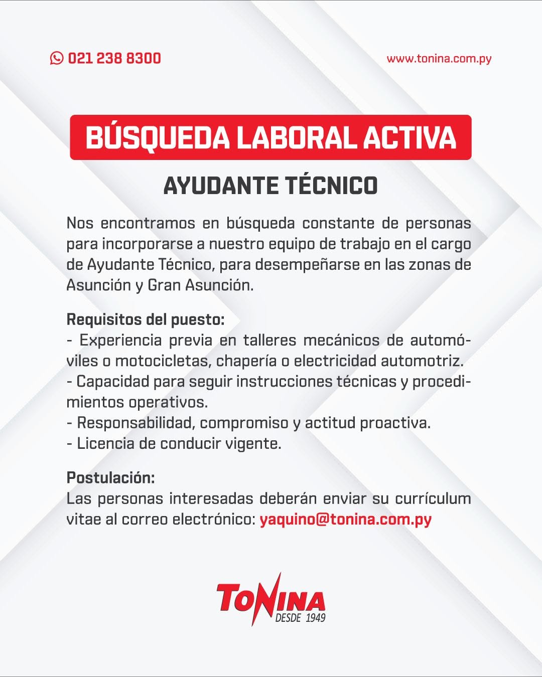 Oferta laboral: Ayudante Técnico — Tonina