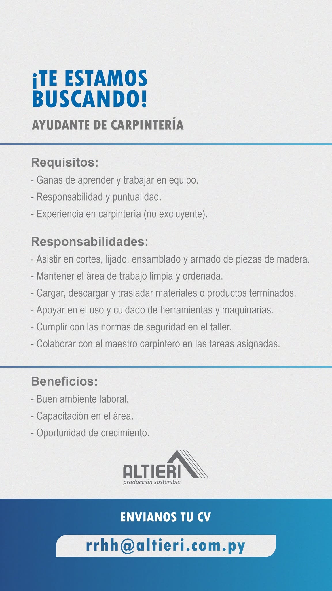Oferta laboral: Ayudante De Carpintería — Altieri