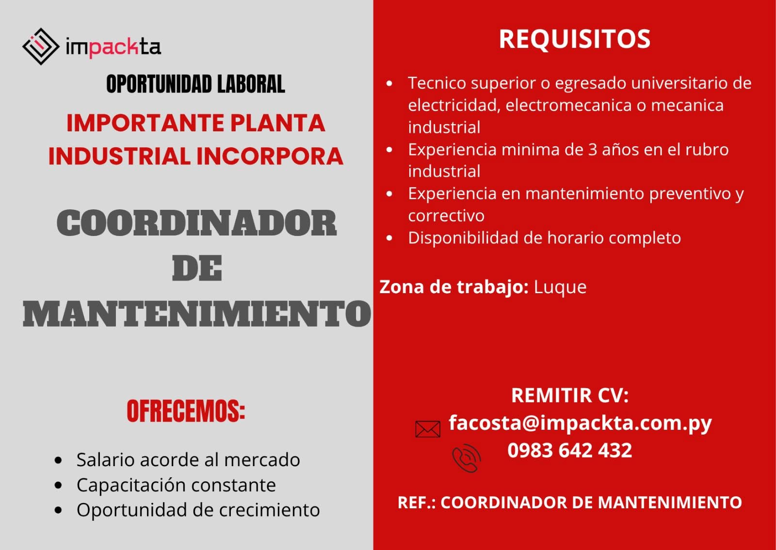 Oferta laboral: Coordinador De Mantenimiento — Impackta