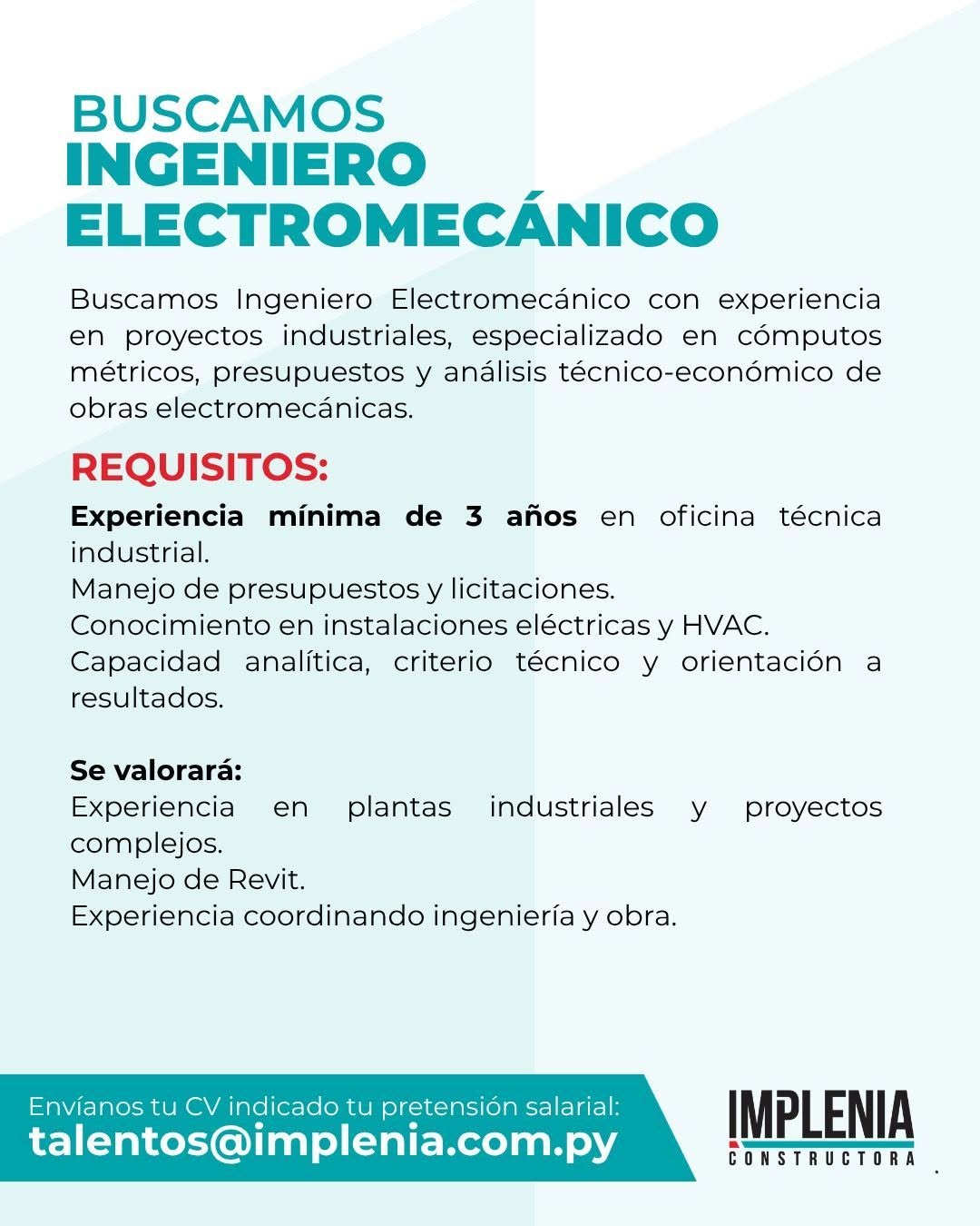 Oferta laboral: Ingeniero Electromecánico — Implenia