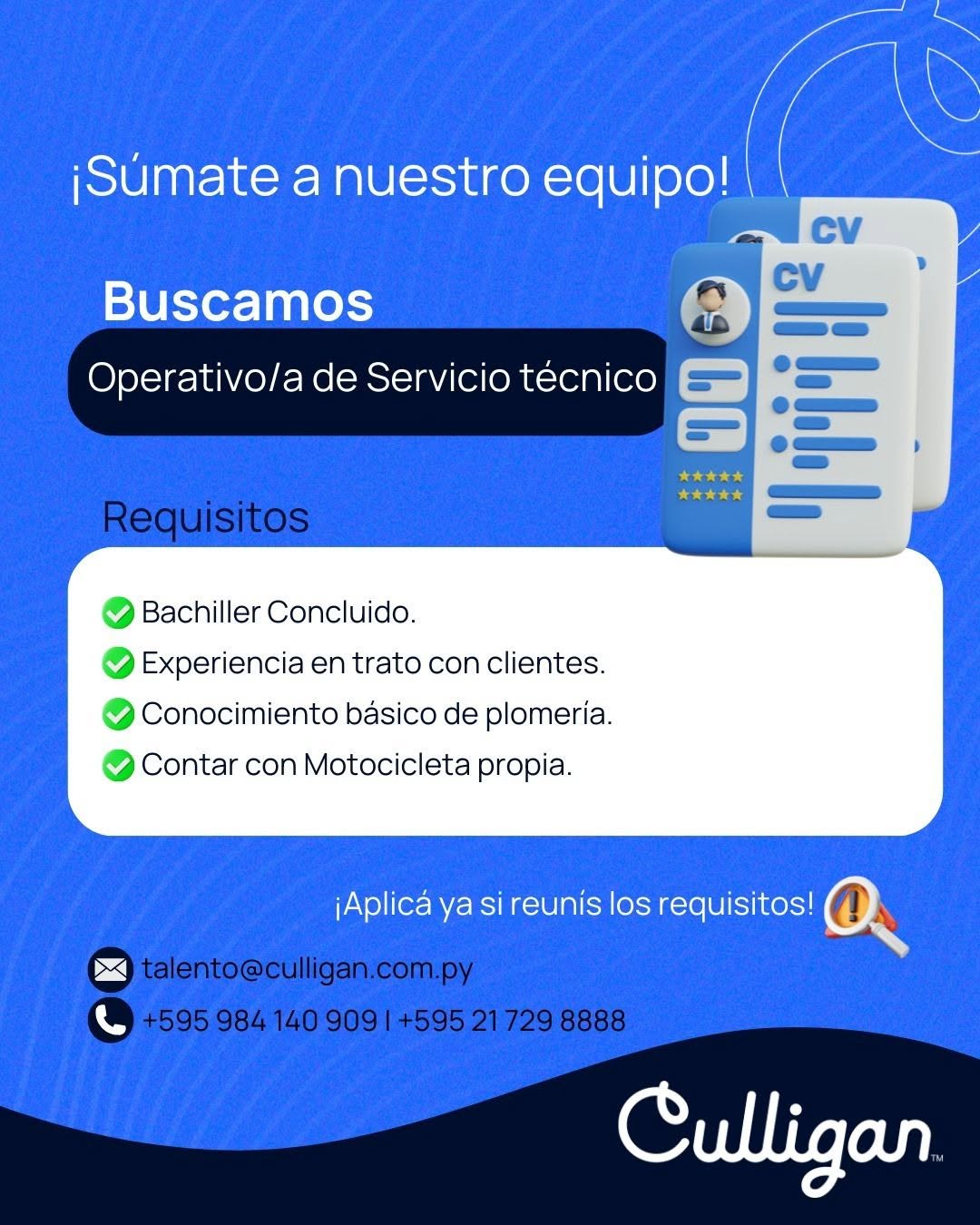 Oferta laboral: Operativo De Servicio Técnico — Culligan
