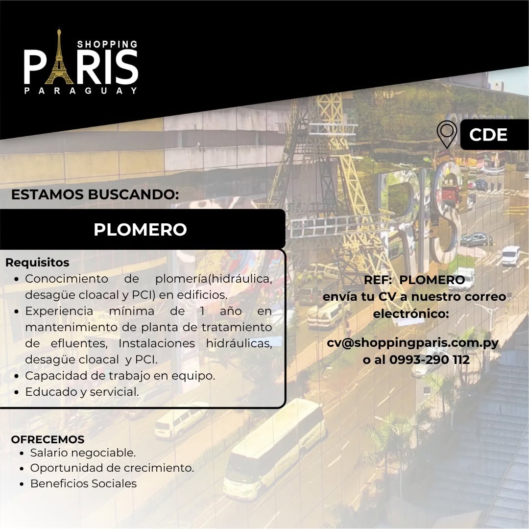 Oferta laboral: Plomero — Shopping Paris