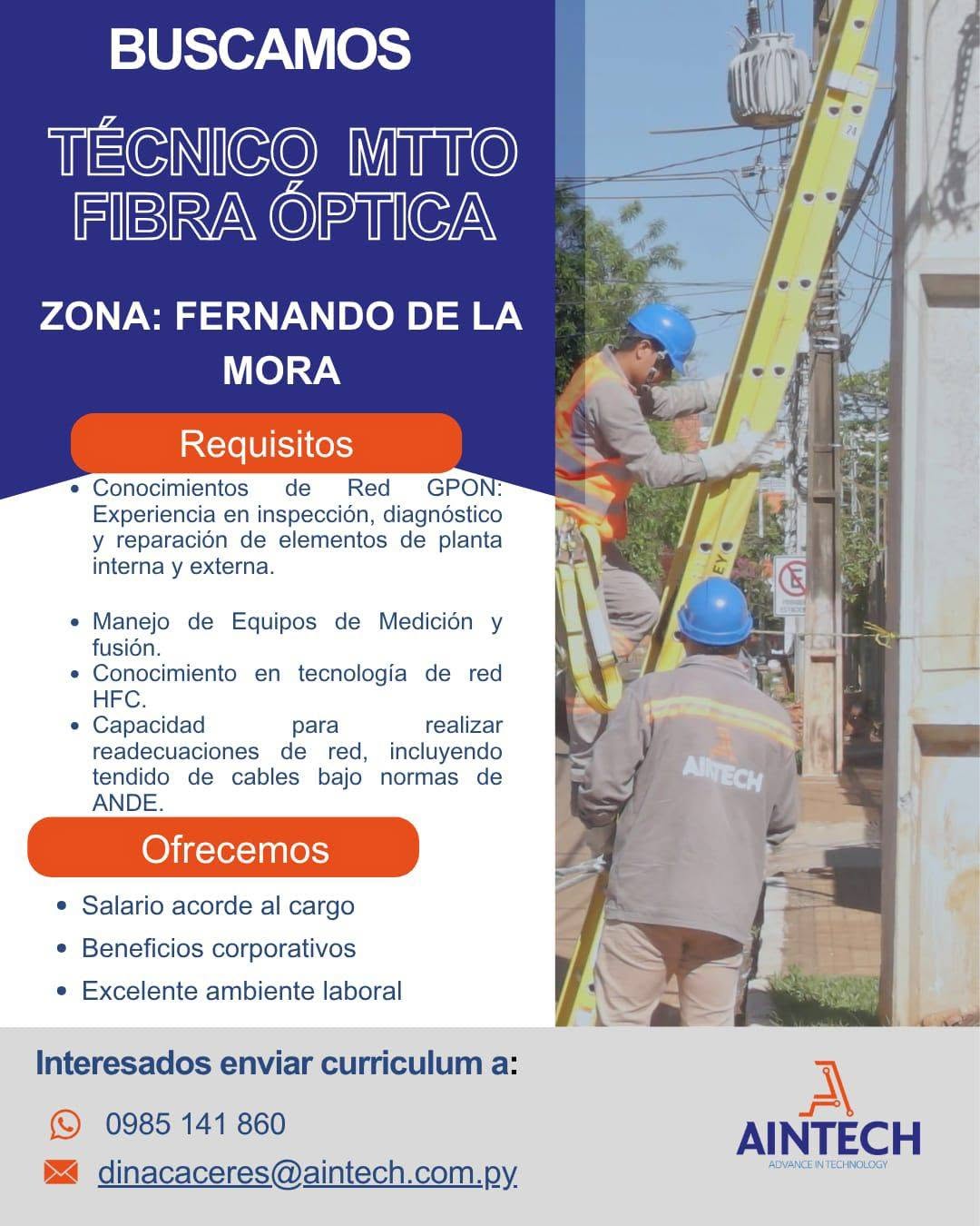 Oferta laboral: Técnico Mtto Fibra Óptica — Aintech