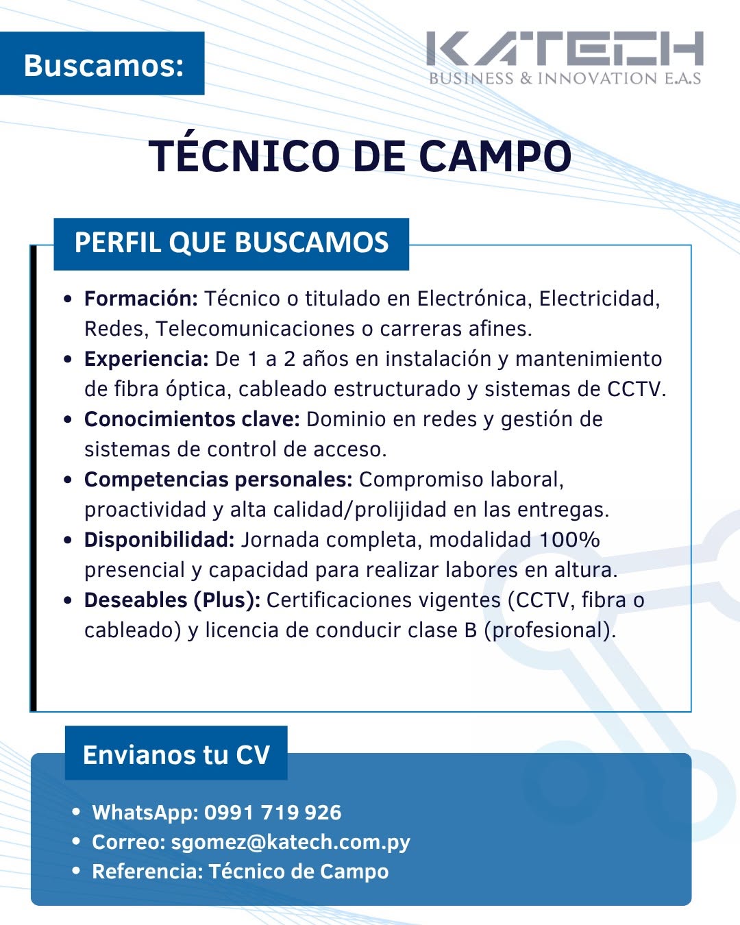 Oferta laboral: Técnico De Campo — Katech
