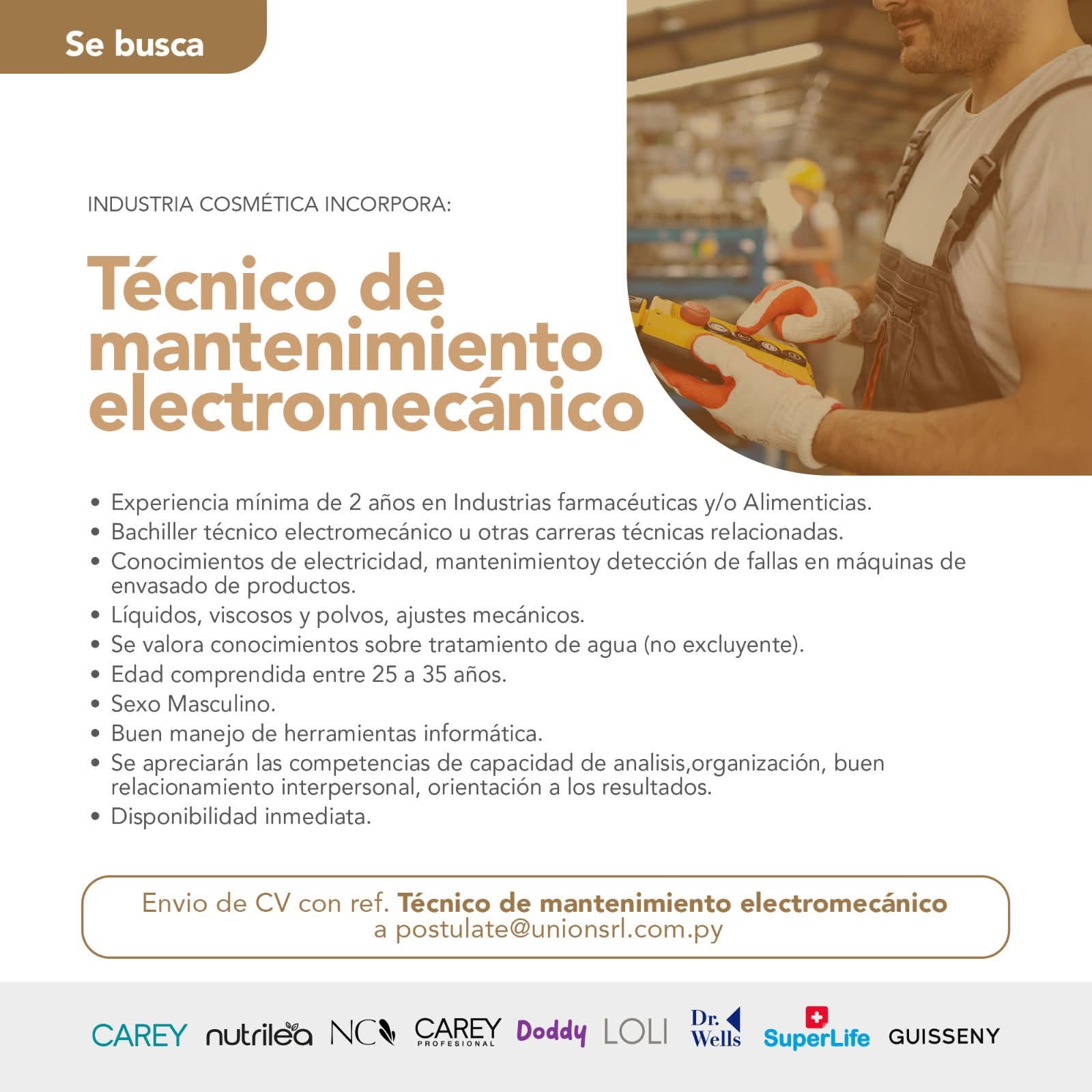 Oferta laboral: Técnico De Mantenimiento Electromecánico — Union SRL