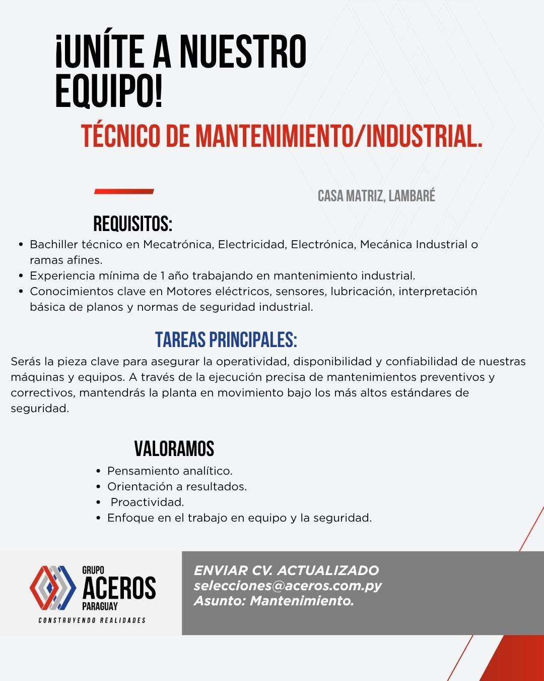 Oferta laboral: Técnico De Mantenimiento Industrial — Aceros
