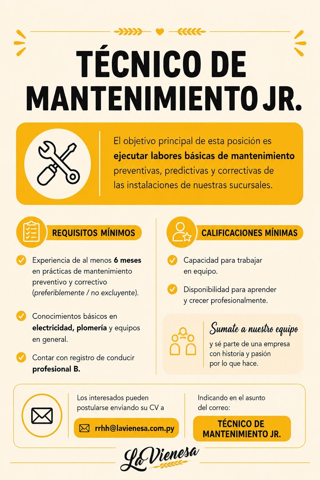 Oferta laboral: Técnico De Mantenimiento Jr — La Vienesa