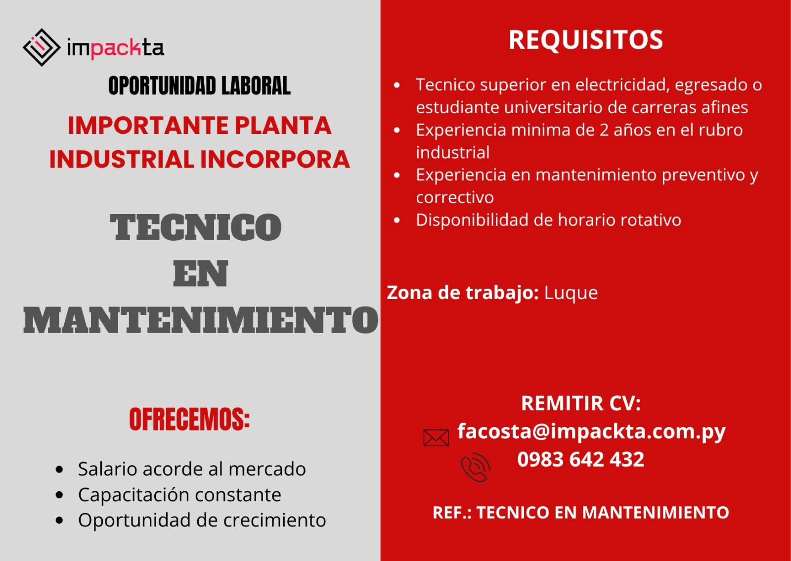Oferta laboral: Técnico En Mantenimiento — Impackta