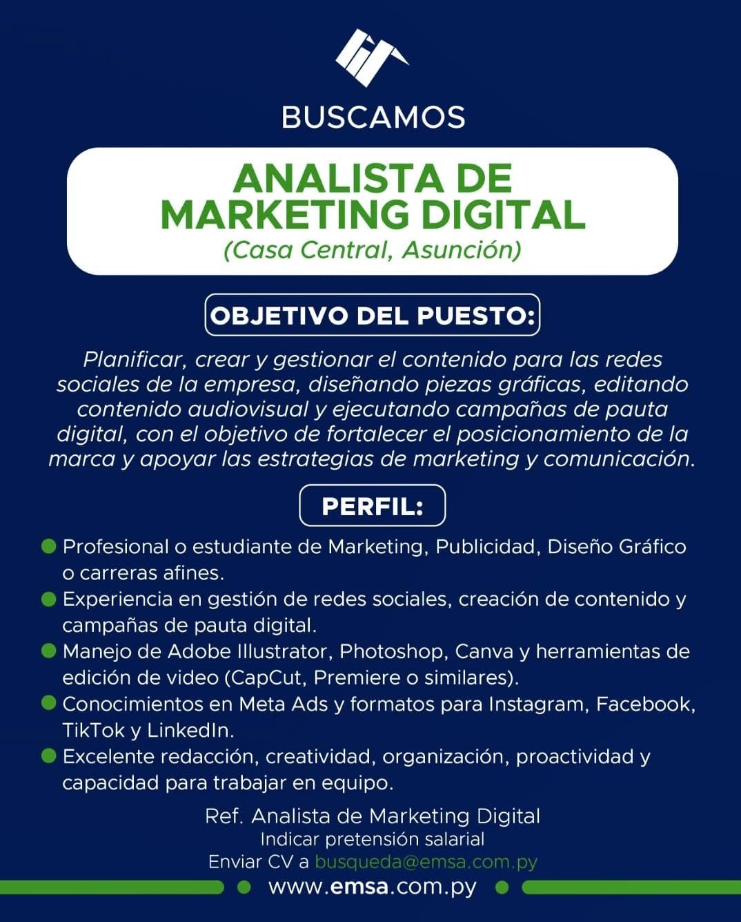 Oferta laboral: Analista De Marketing Diginal — Emsa