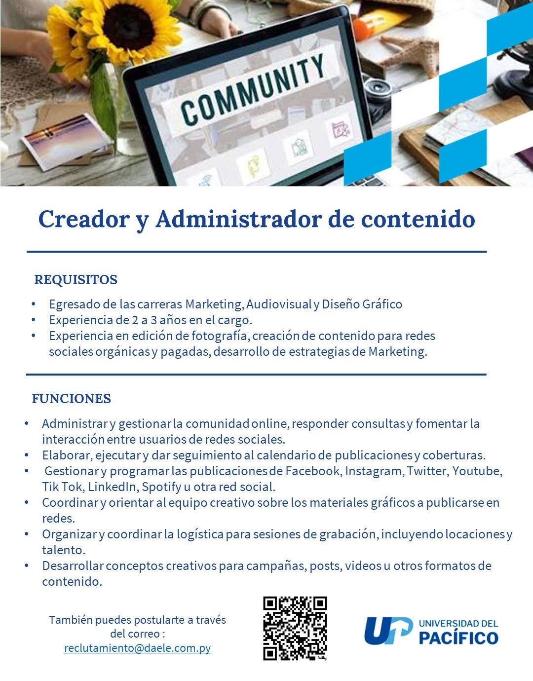 Oferta laboral: Creador Y Administrador De Contenido — Universidad Del Pacífico