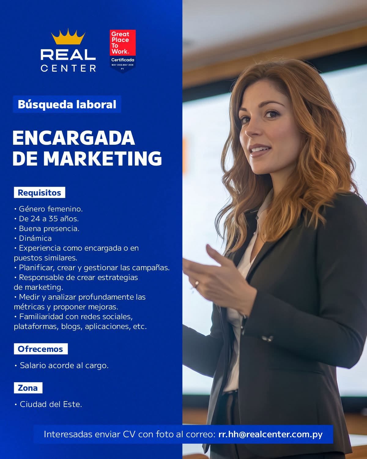 Oferta laboral: Encargada De Marketing — Real Center