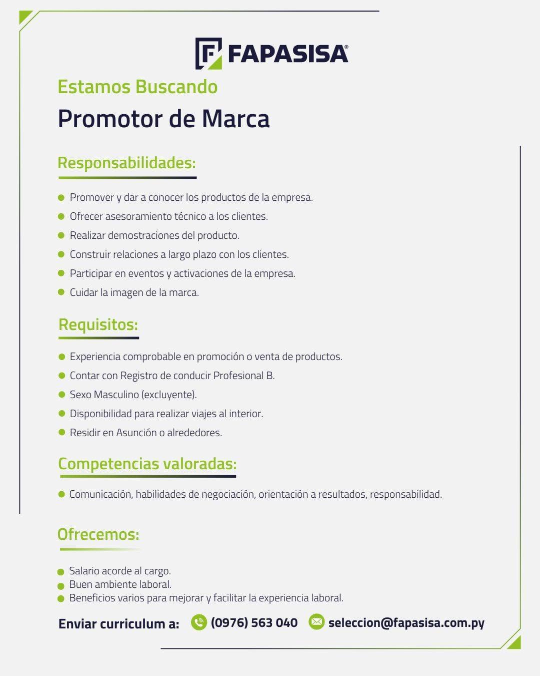 Oferta laboral: Promotor De Marca — Fapasisa