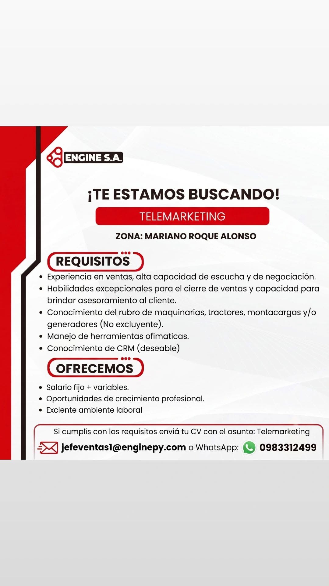 Oferta laboral: Telemarketing — Engine Py
