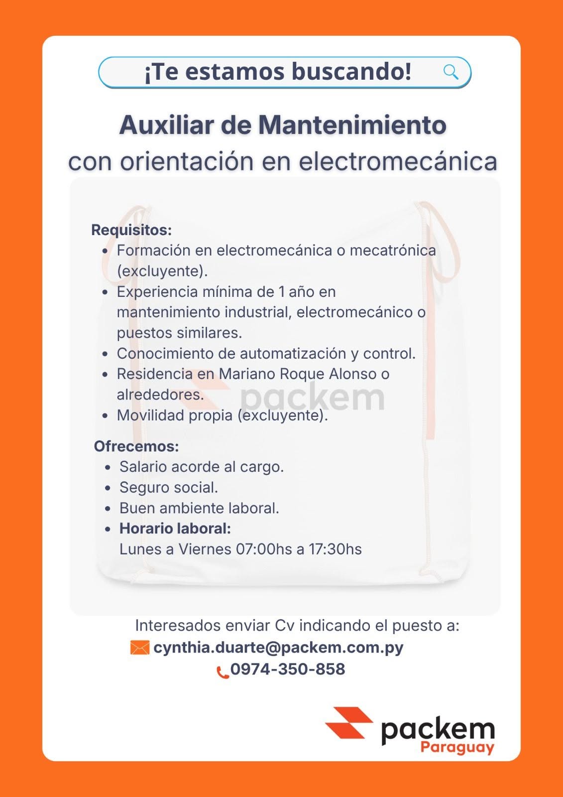 Oferta laboral: Auxiliar De Mantenimiento Con Orientación Electromecánica — Packem