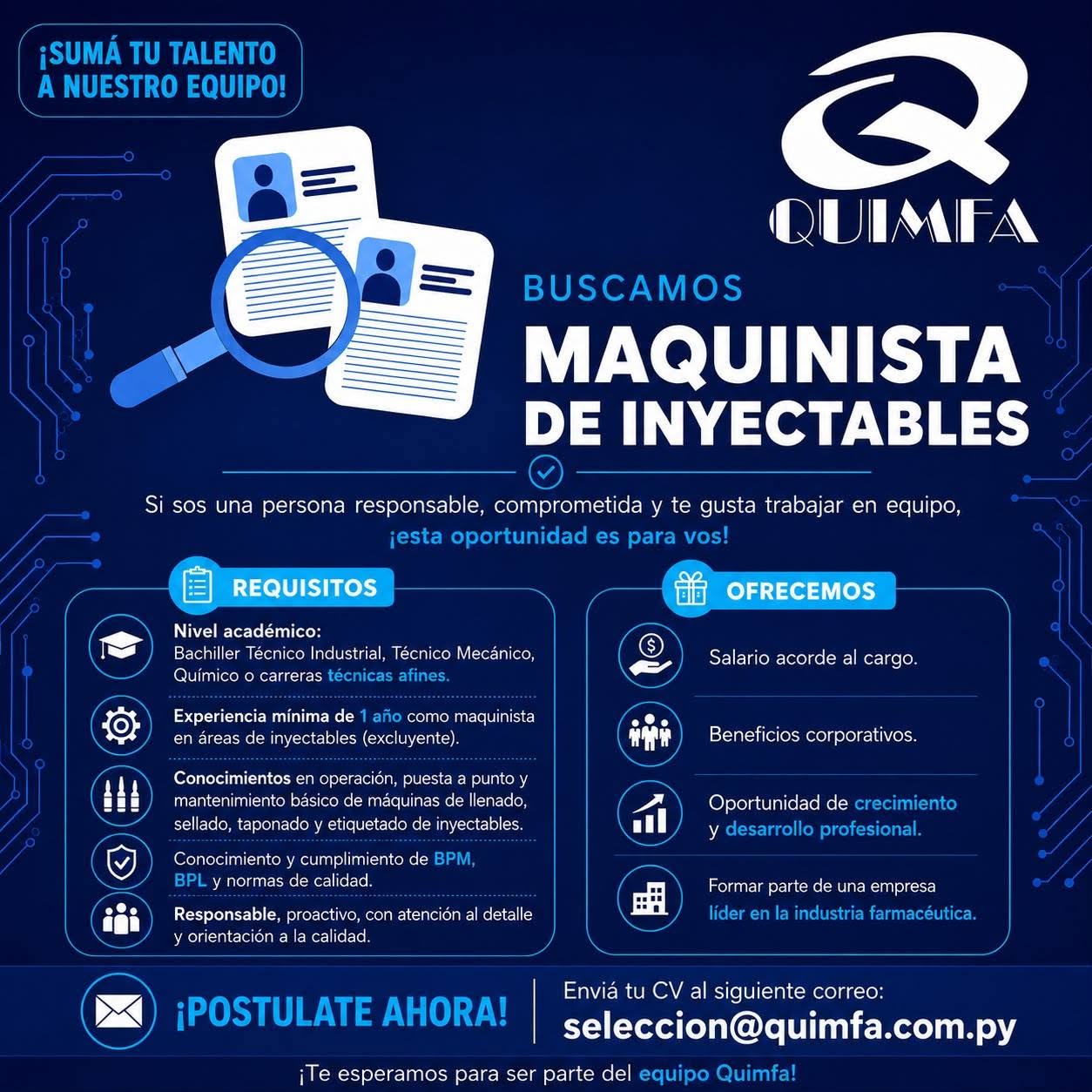 Oferta laboral: Maquinista De Inyectables — Quimfa