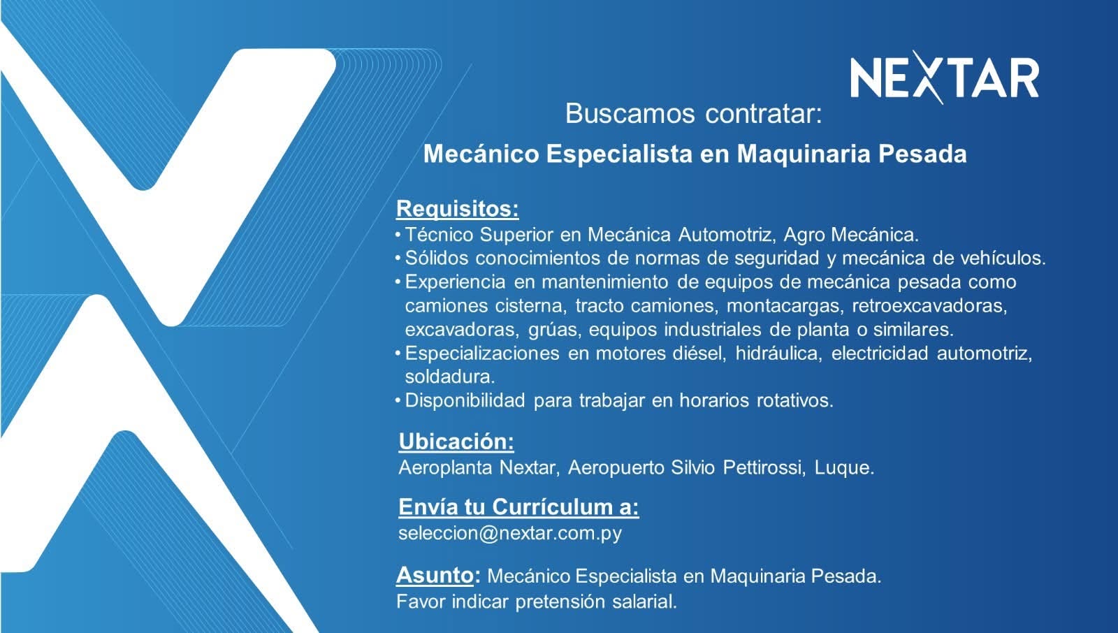 Oferta laboral: Mecánico Especialista En Maquinaria Pesada — Nextar