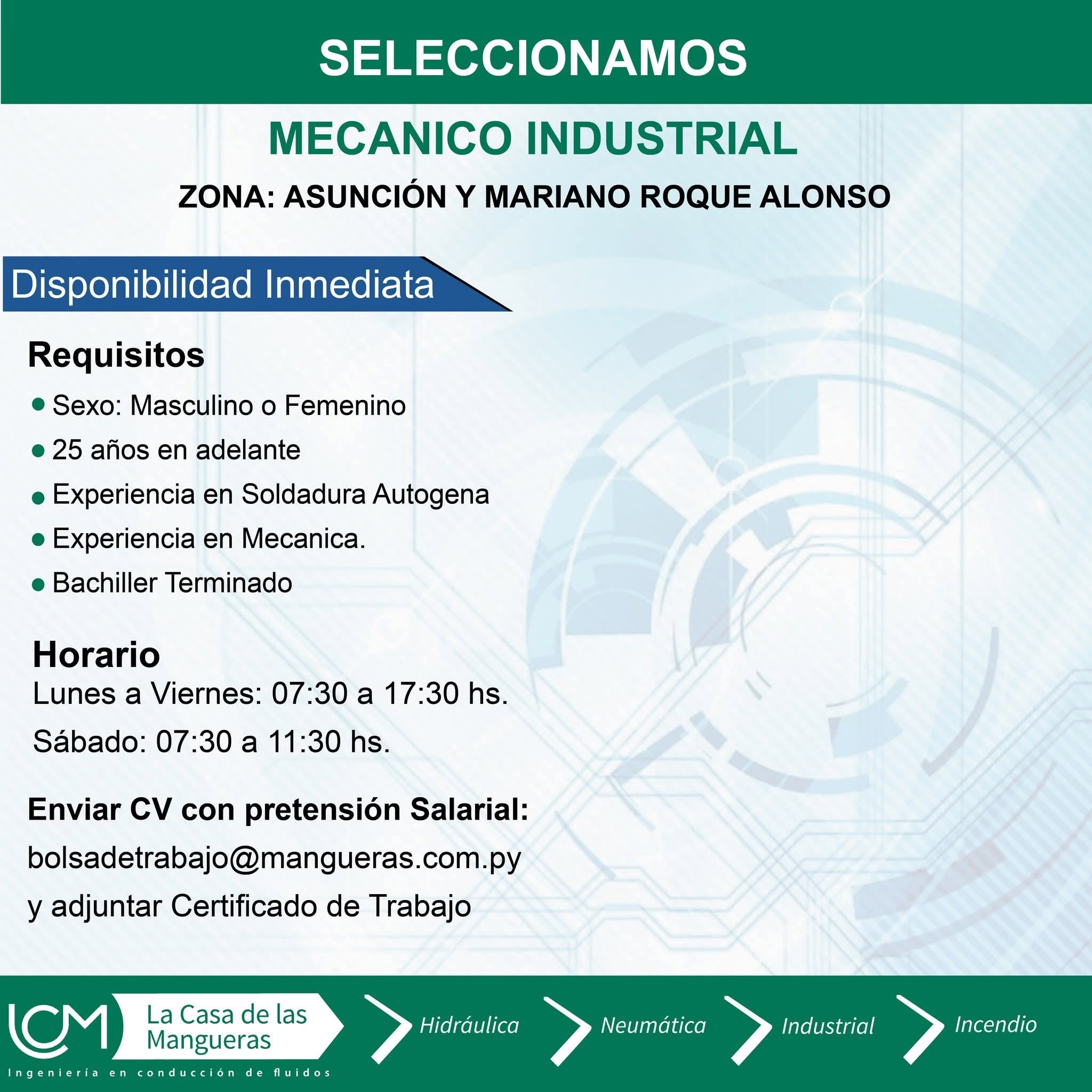 Oferta laboral: Mecanico Industrial — La Casa De Las Mangueras
