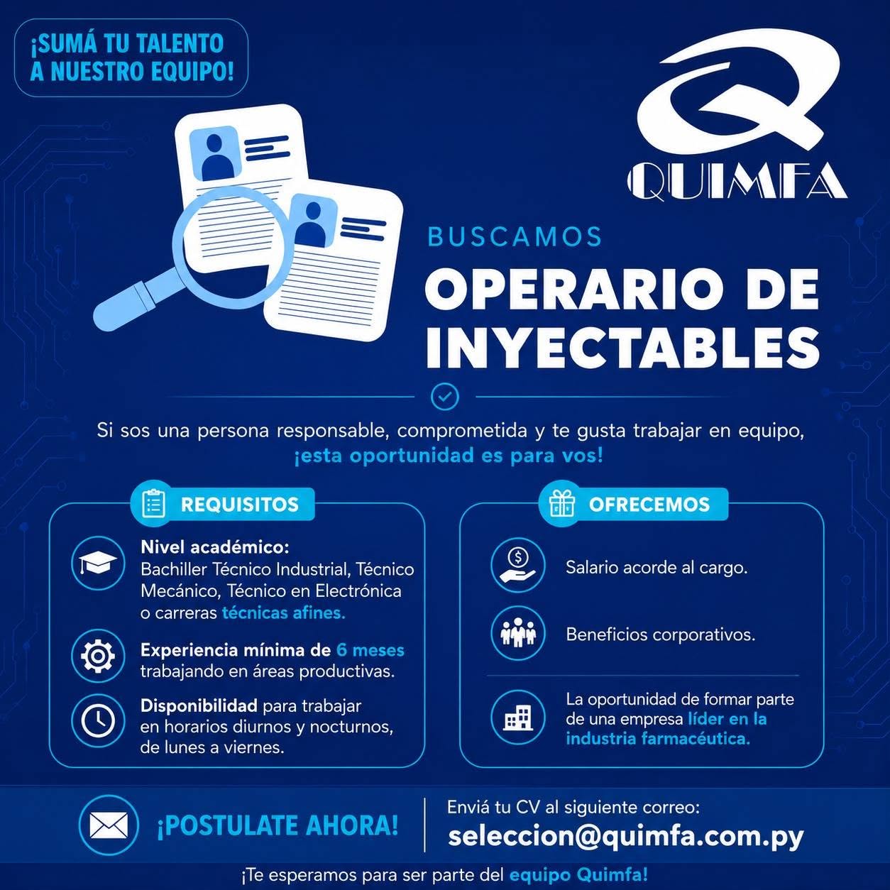 Oferta laboral: Operario De Inyectables — Quimfa