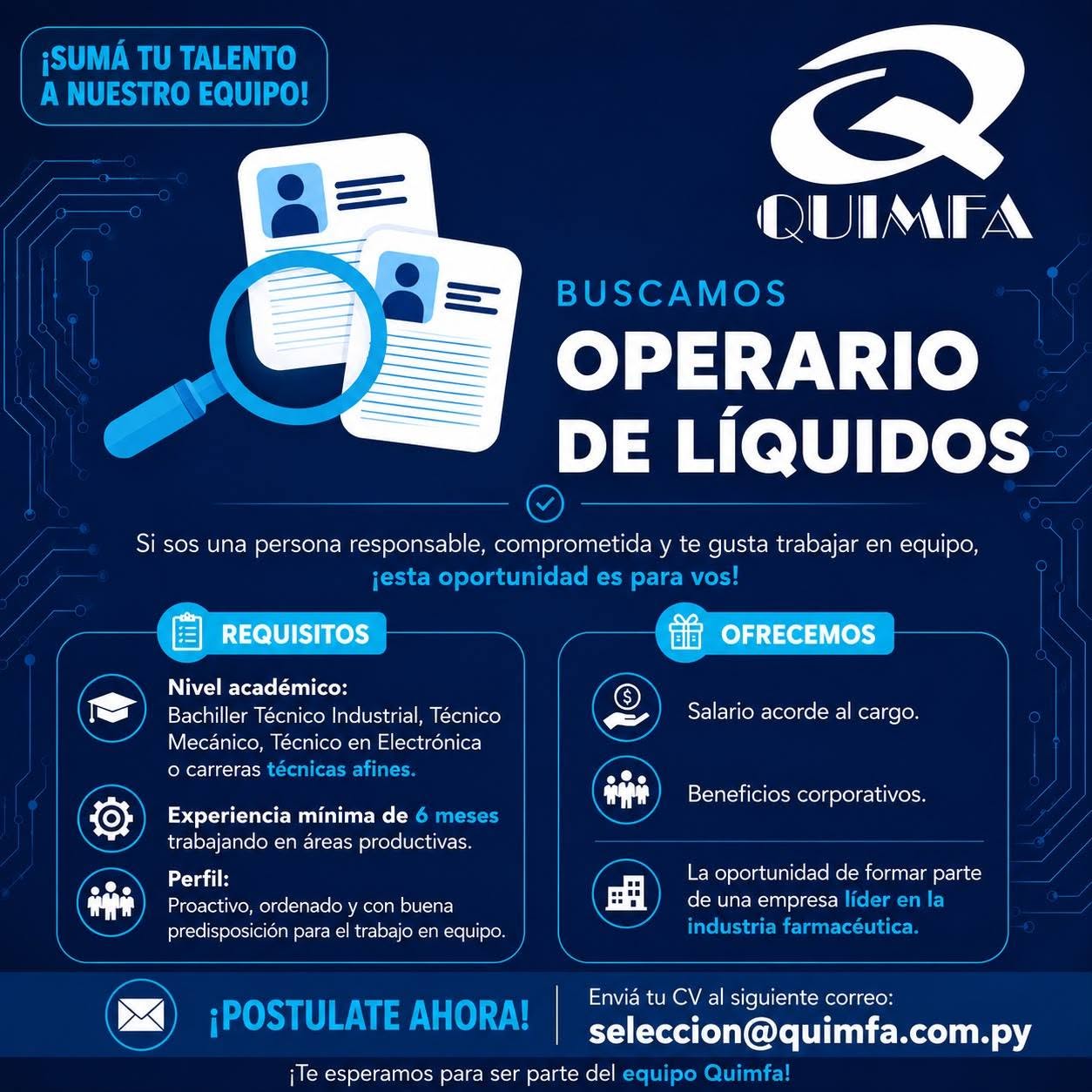Oferta laboral: Operario De Líquidos — Quimfa