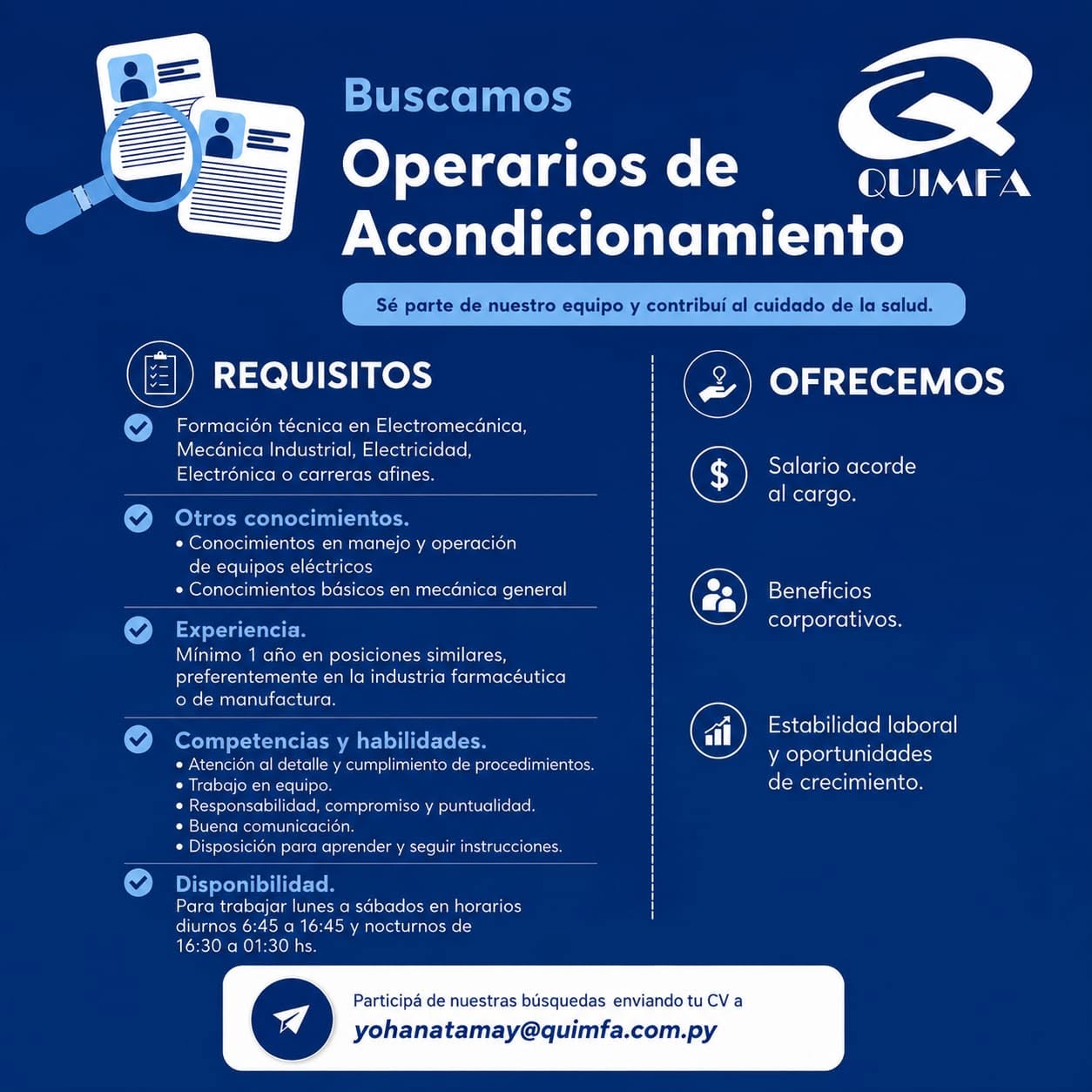 Oferta laboral: Operarios De Acondicionamiento — Quimfa