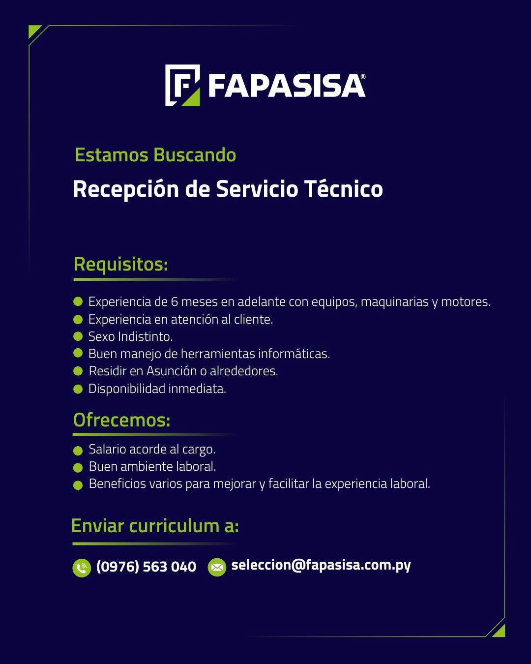 Oferta laboral: Recepción De Servicio Técnico — Fapasisa