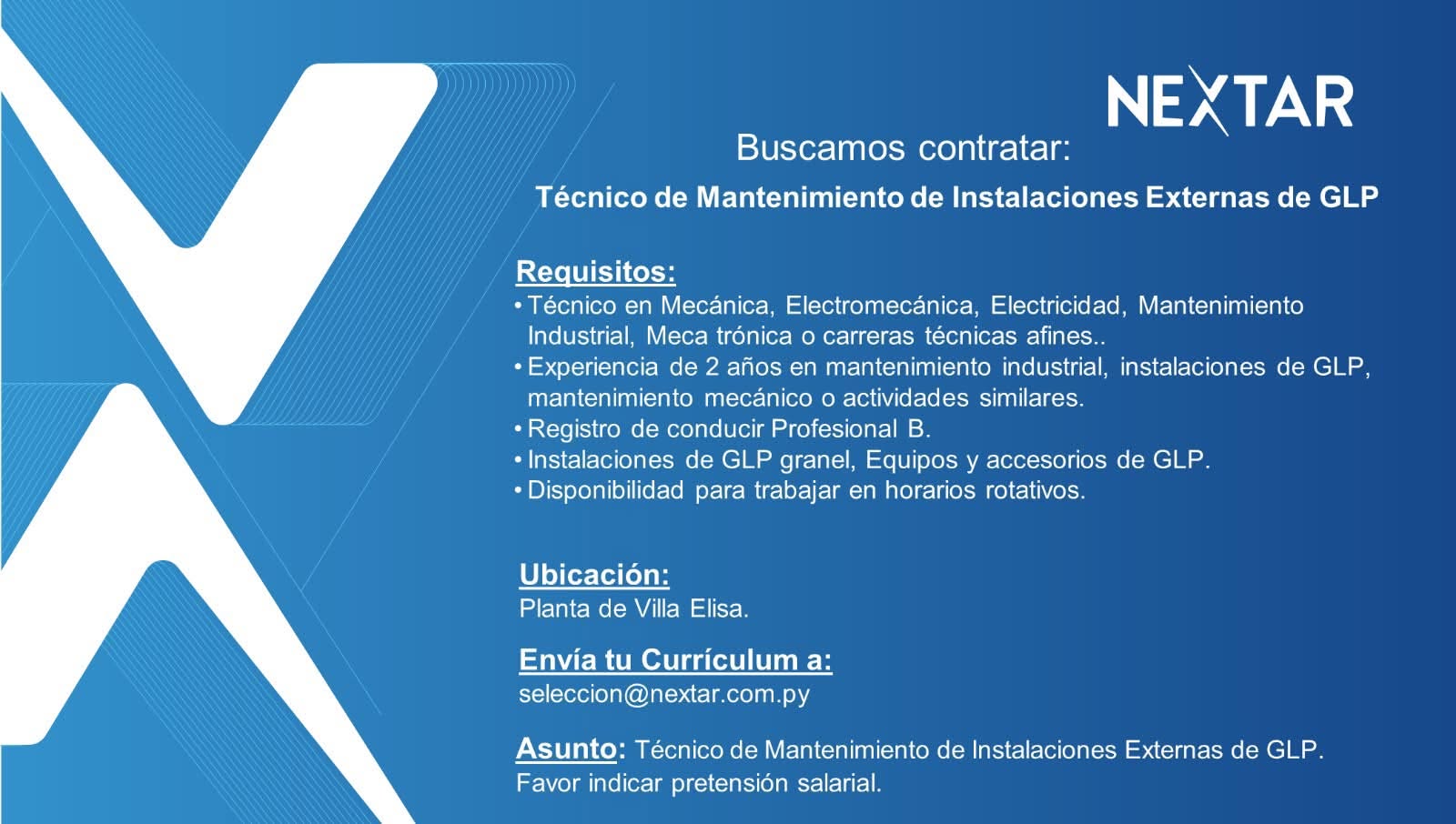 Oferta laboral: Técnico De Mantenimiento De Instalaciones Externas De GLP — Nextar
