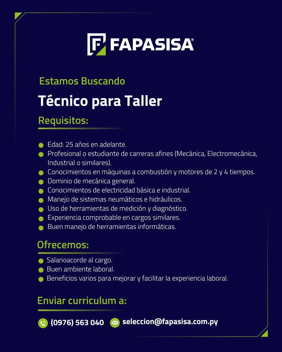Oferta laboral: Técnico Para Taller — Fapasisa
