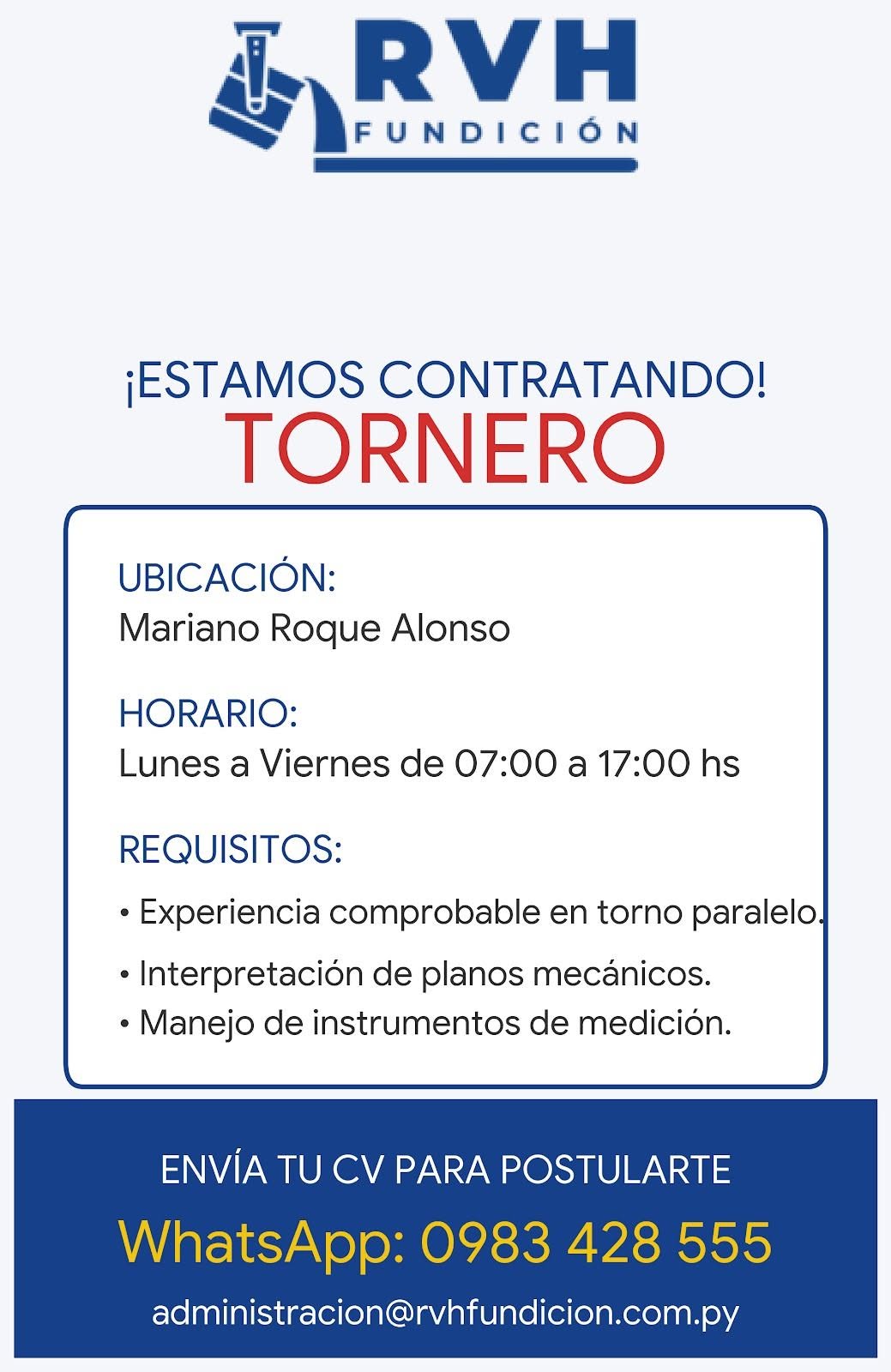 Oferta laboral: Tornero — RVH Fundicion