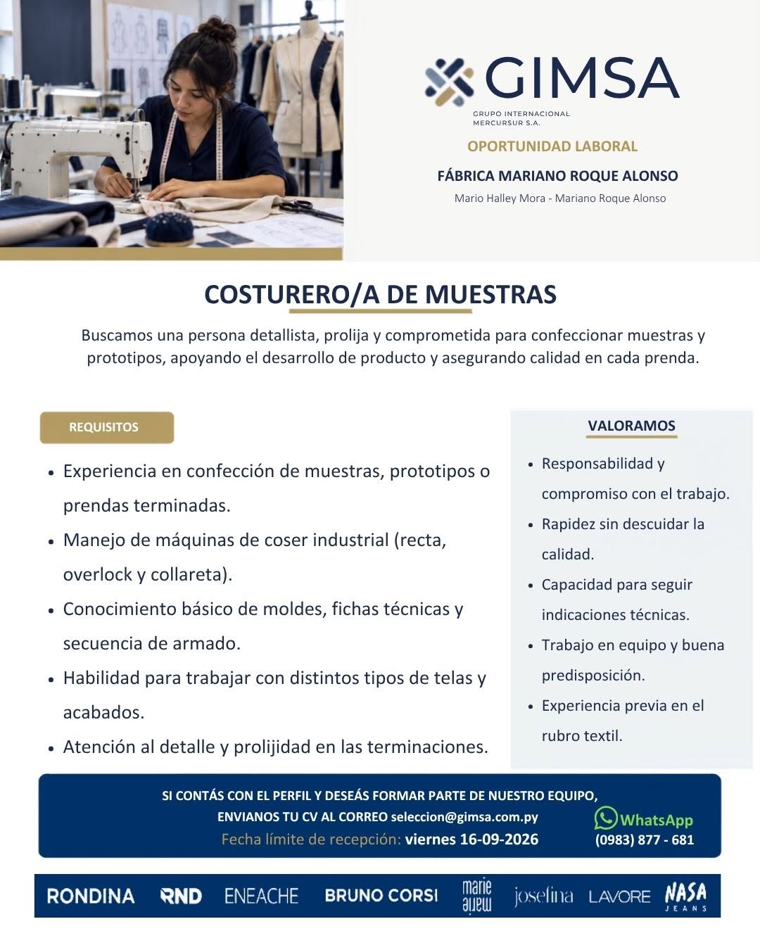 Oferta laboral: Costurero De Muestras — Gimsa