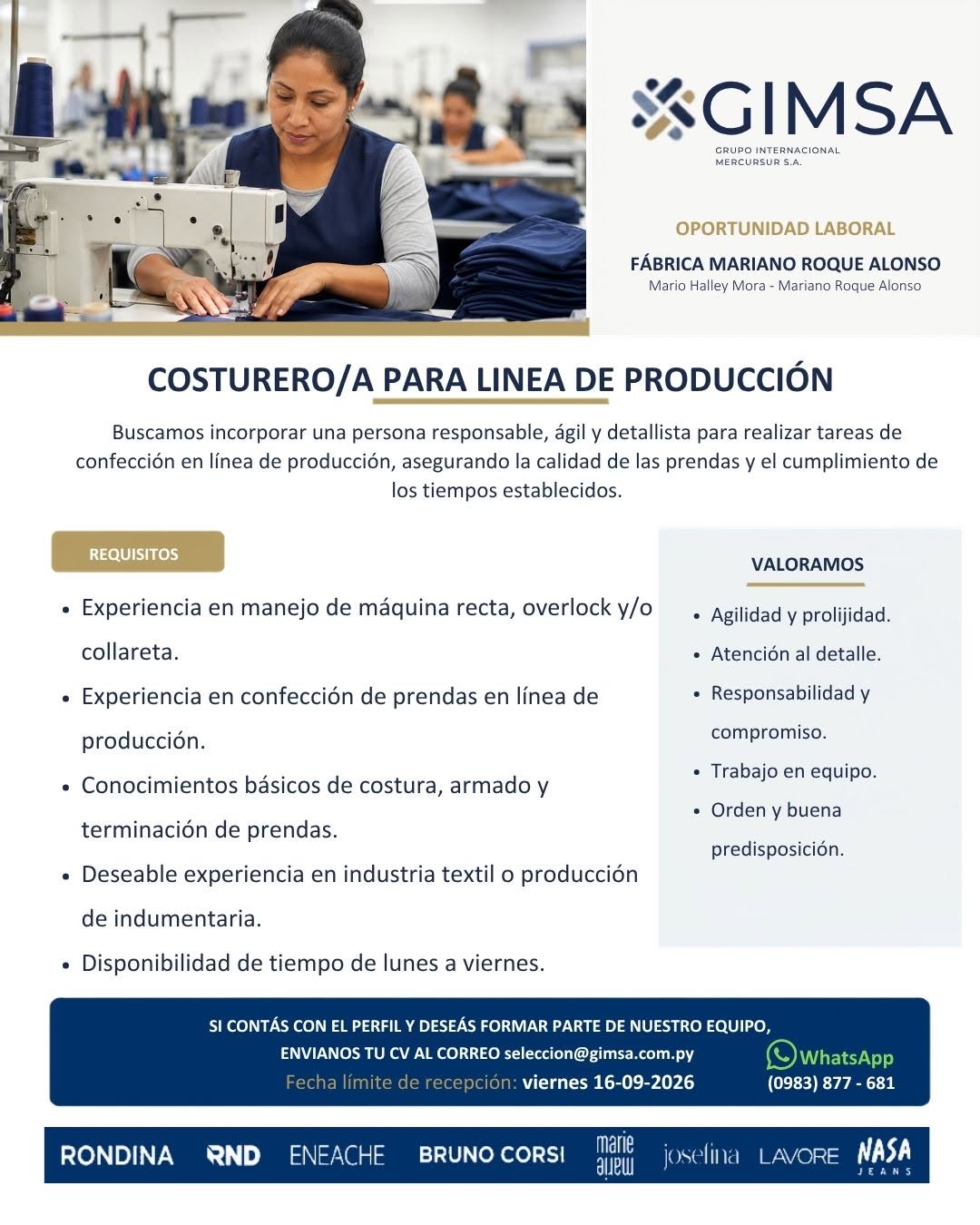 Oferta laboral: Costurero Para Linea De Produccion — Gimsa