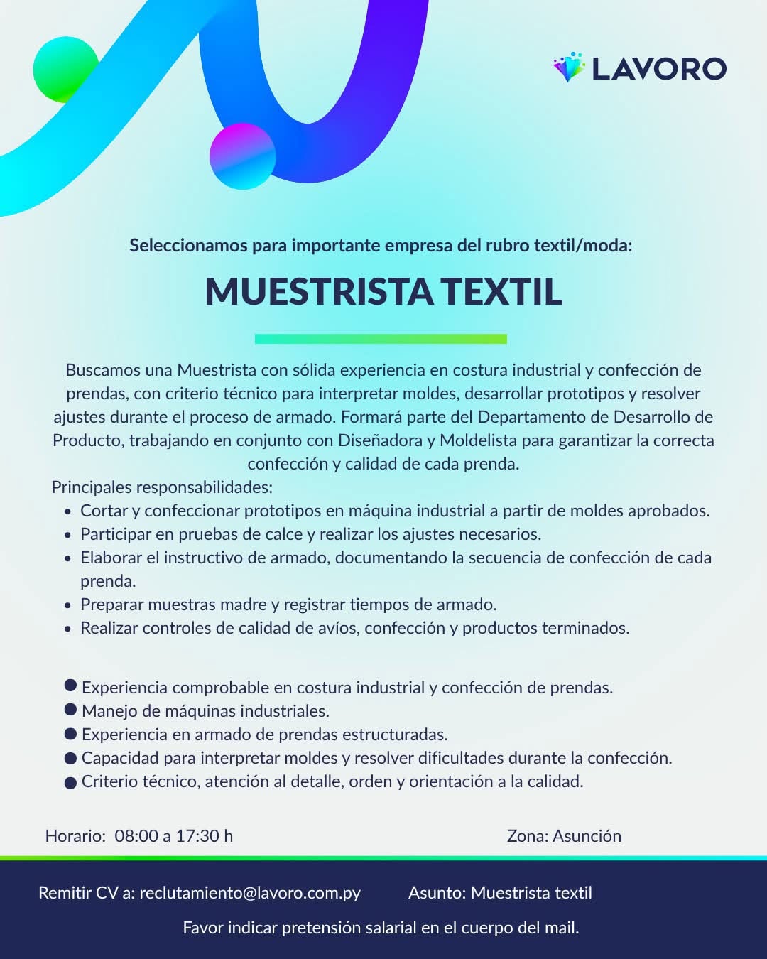 Oferta laboral: Muestretista Textil — Lavoro